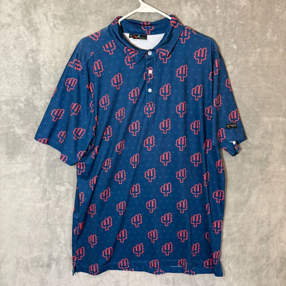 Yatta Golf Polo Shirt Men’s XL Cactus AOP Performance Stretch Navy Blue Red